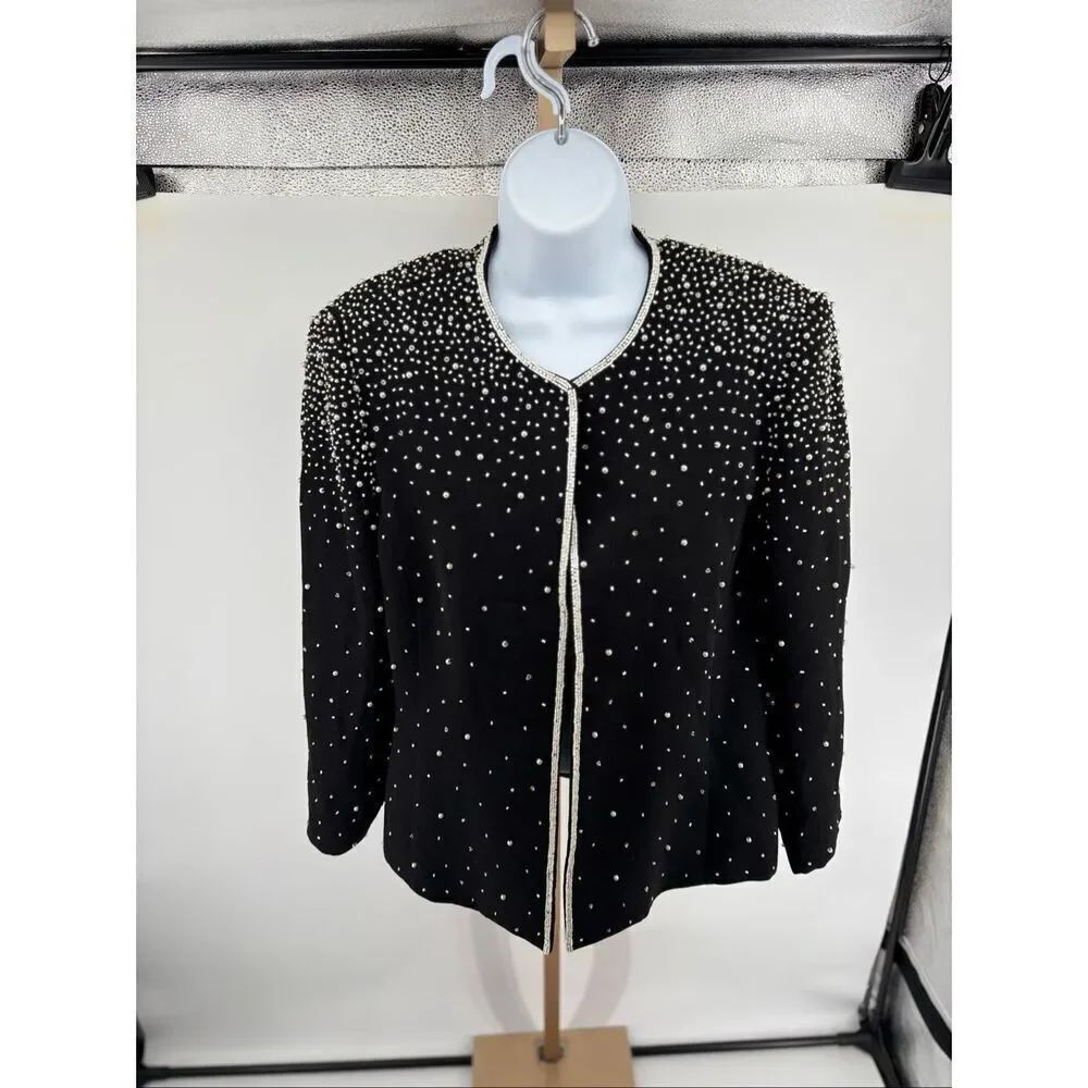 Vintage Beaded Jacket Women 12 Black Embellished Evening Blazer Open Front
